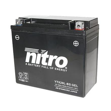 125796 BATTERIE 12V 18Ah YTX20L-BS GEL NITRO SANS ENTRETIEN GEL PRET A L'EMPLOI (Lg175xL87xH155) NITRO BATTERIES