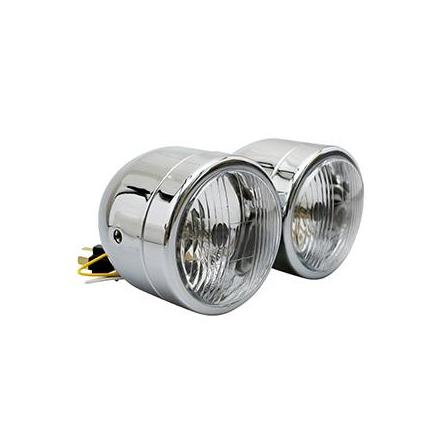 148401 PHARE-OPTIQUE MOTO AVOC DOUBLE DIAM 90 mm LAMPE H4 + FEU DE POSITION CHROME ENTRAXE DE FIXATION 210mm (HOMOLOGUE E) xxx I