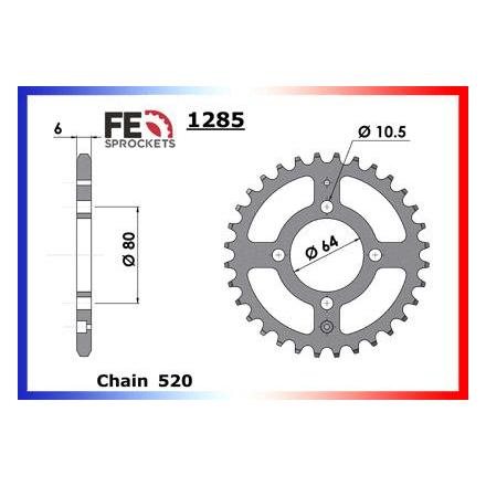 1012.1285.28 Couronne acier FE ADLY.150.THUNDERBIKE '03/04 28 520 Couronne arrière de transmission FRANCE EQUIPEMENT 