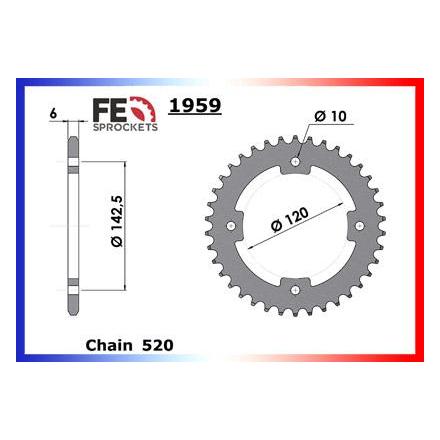 1004.1959.34 Couronne acier FE Bombardier 250 DS '05/06 34 520 Couronne arrière de transmission FRANCE EQUIPEMENT 