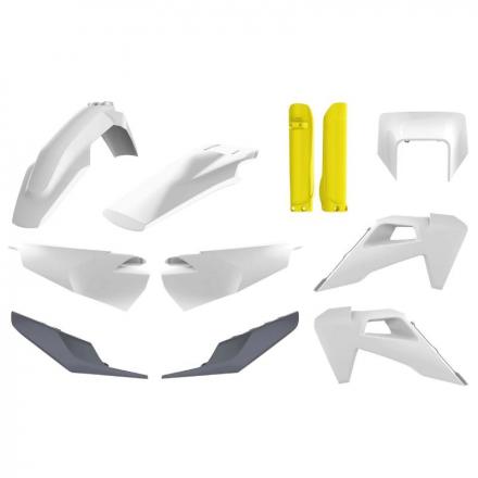 201947 CARROSSERIE-CARENAGE MOTO ENDURO HUSQVARNA 250, 450 TE, 250, 350 FE 2020+ BLANC-GRIS-JAUNE (COULEUR OEM) (KIT PLASTIQUES 