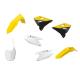 201957 CARROSSERIE-CARENAGE MOTO MX RESTYLING SUZUKI 125, 250 RM 2001+2008 JAUNE-BLANC (COULEUR OEM) (KIT PLASTIQUES 7 PIECES) 