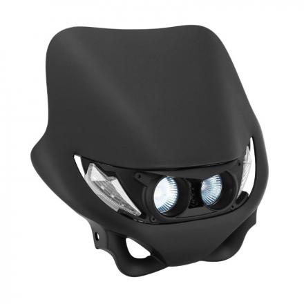 201732 PLAQUE PHARE-TETE DE FOURCHE 50 A BOITE REPLAY ENDURO 2 A LEDS BLANCHES + HALOGENE 2x20W NOIR MAT (AVEC FIXATIONS) p2r ca