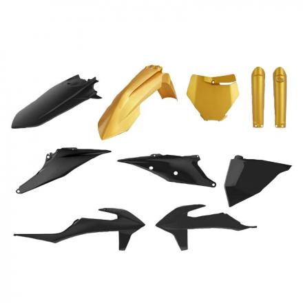 201954 CARROSSERIE-CARENAGE MOTO MX KTM 125, 250 SX, 250, 450 SX-F, 250 XC, 250, 450 XC-F 2019+ NOIR-OR (KIT PLASTIQUES 10 PIECE