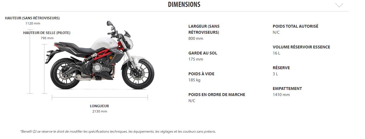 DIMENSION DE LA BENELLI BN 302