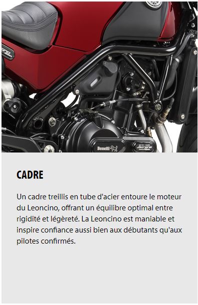 CADRE Un cadre treillis en tube d'acier entoure le moteur du Leoncino, offrant un équilibre optimal entre rigidité et légèreté. La Leoncino est maniable et inspire confiance aussi bien aux débutants qu'aux pilotes confirmés.